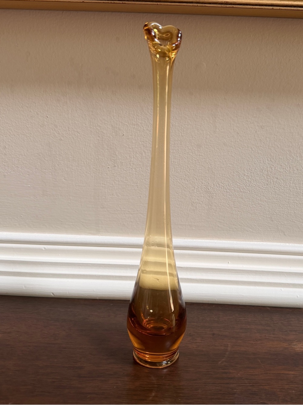 Small Honey Amber Swung Bud Vase Mid-Century Glass Art, 11.5”